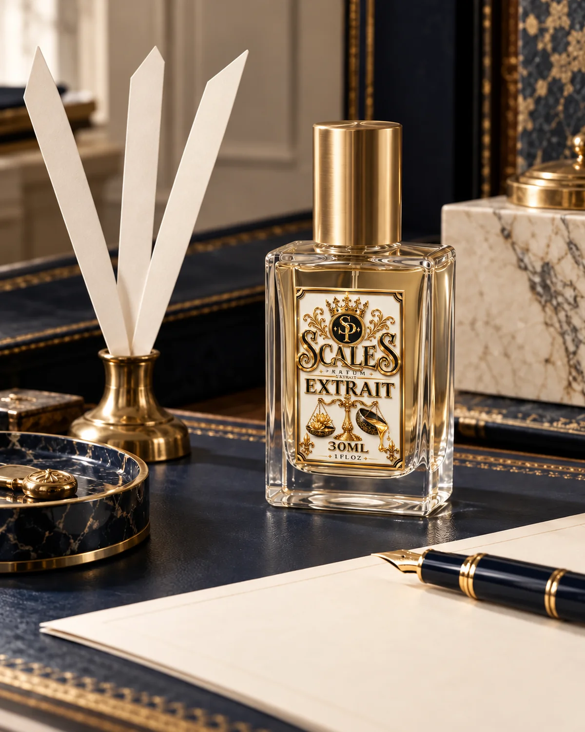 The Scales bottle with perfume blotters and a fountain pen at the atelier