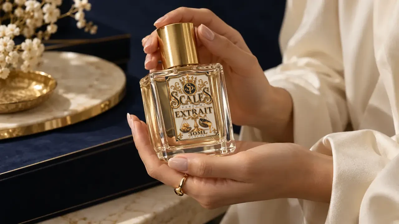 The Scales bottle held by hand in warm atelier light