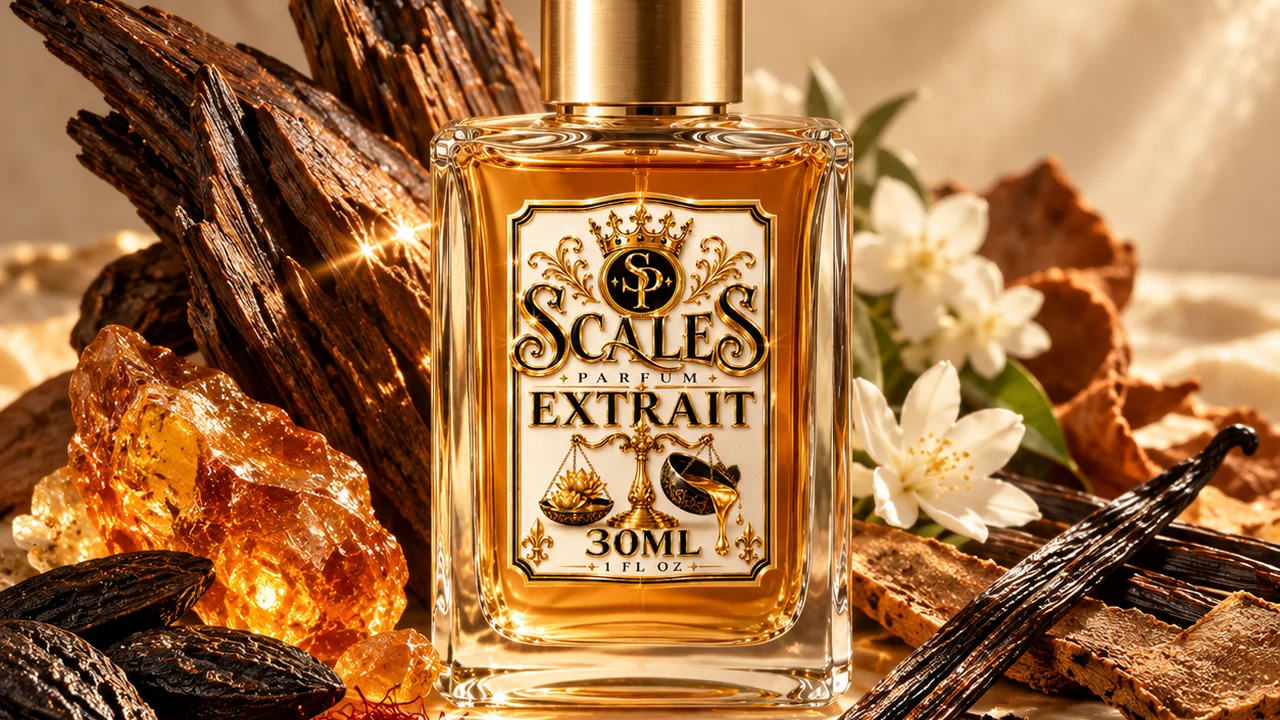 Scales perfume bottle with citrus, rose, amber resin and oud on stone