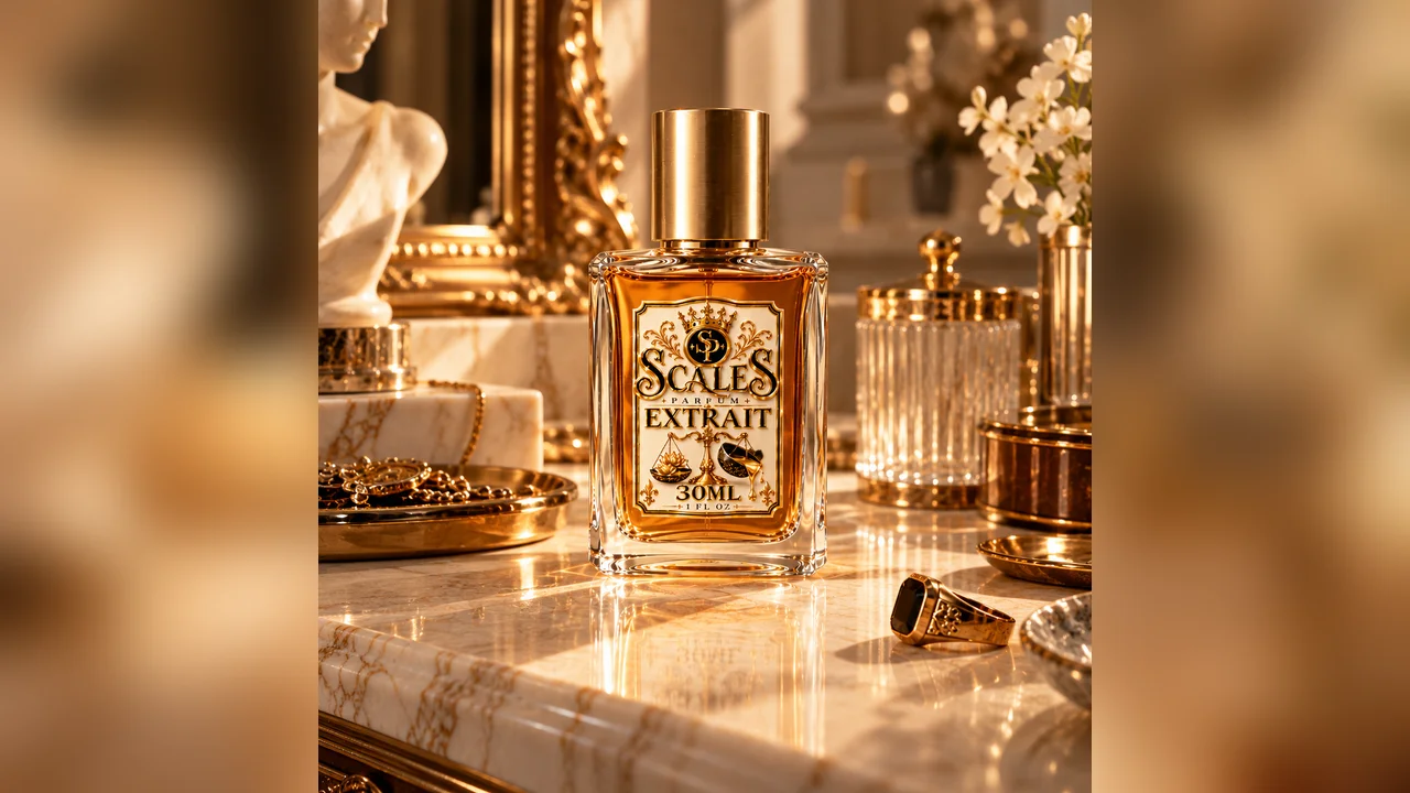 Scales bottle on a dark marble vanity with soft gold light