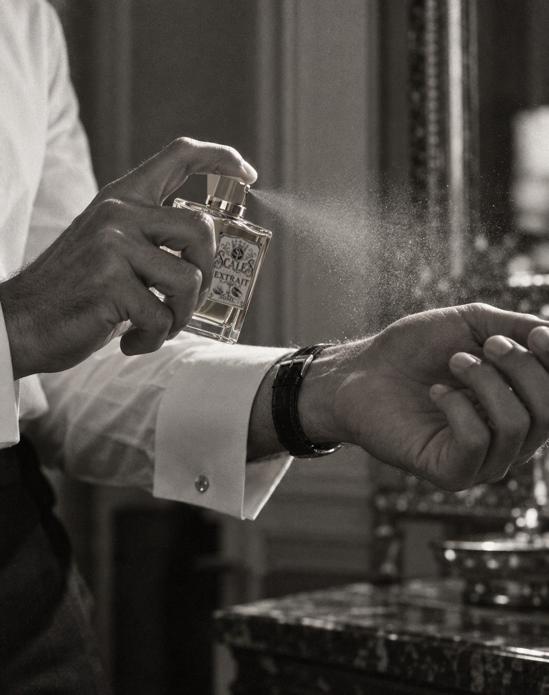 Black-and-white detail of hands spraying perfume onto a wrist beside a cuff and watch