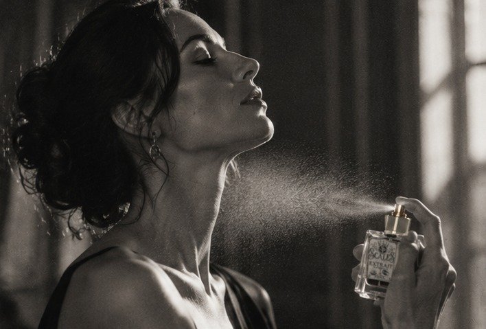 Black-and-white profile of a woman spraying a fine perfume mist near her neck