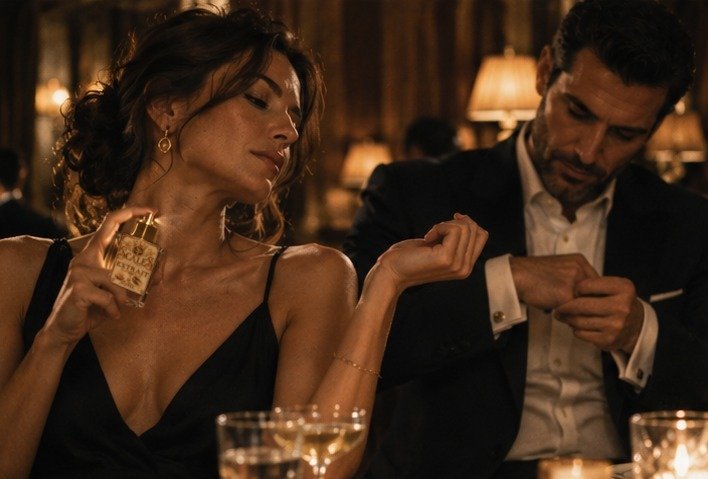 Couple in warm evening light, the woman holding perfume while the man adjusts his cuff