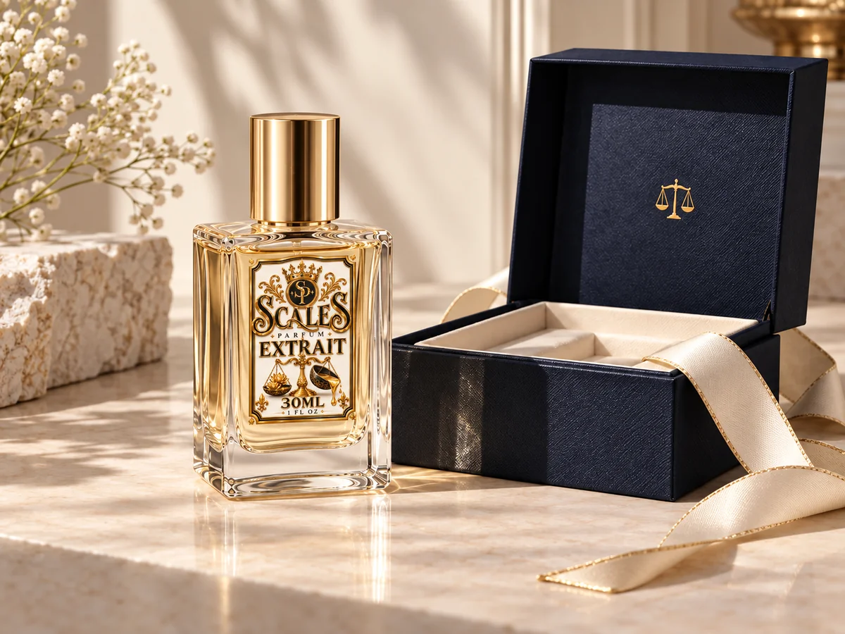 Scales bottle beside a navy gift box with ivory ribbon