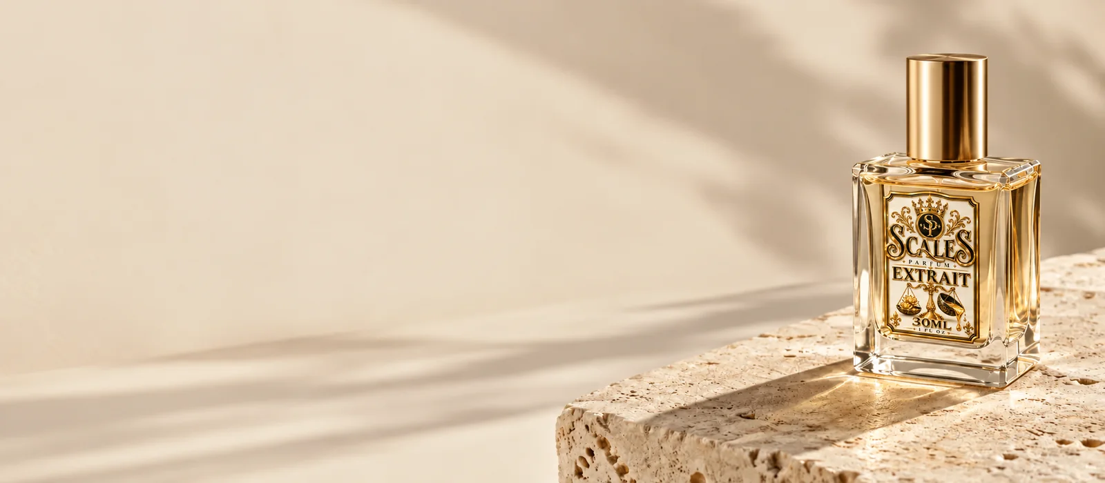Scales bottle on travertine with a long afternoon shadow