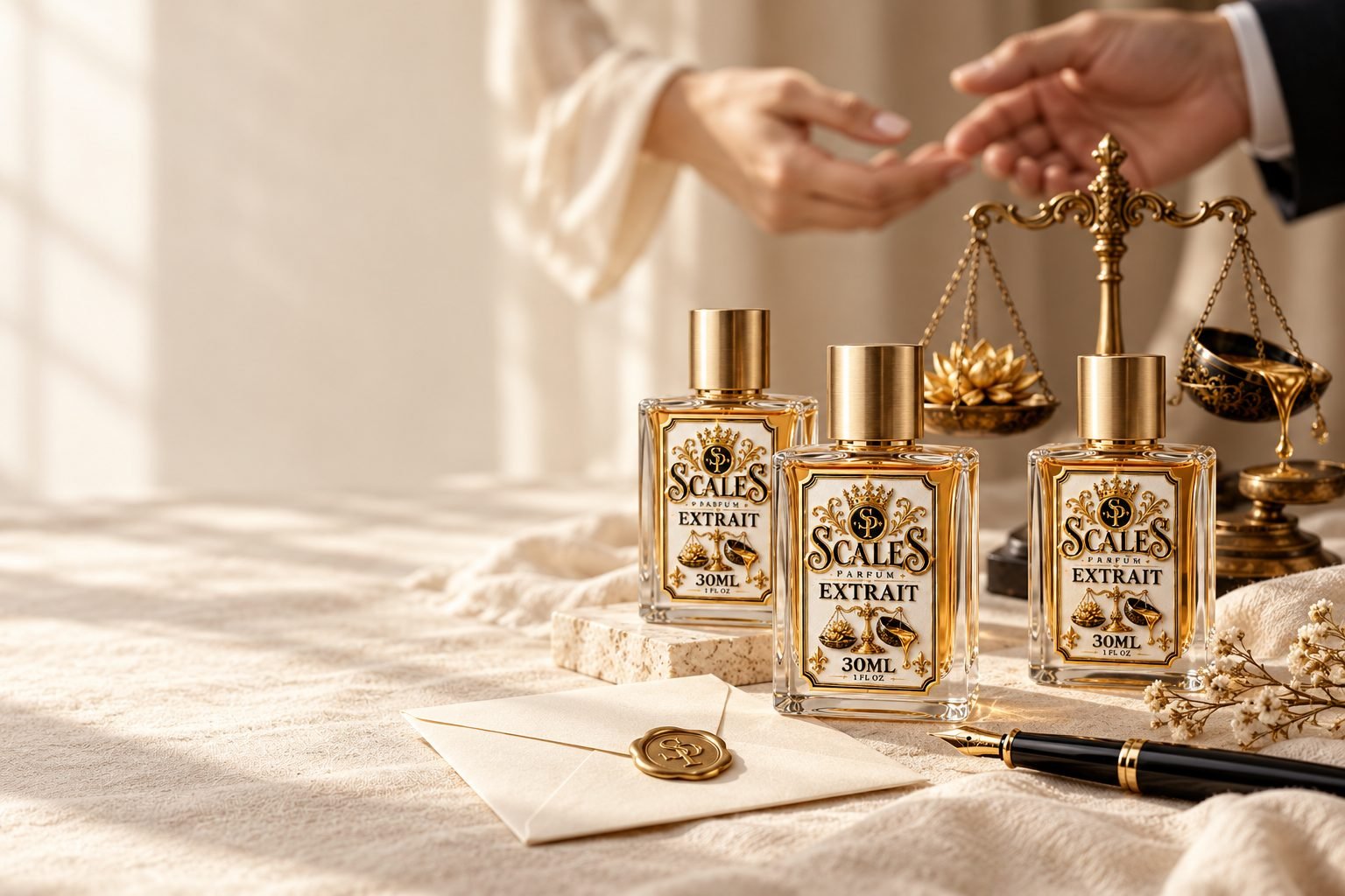 Three Scales Parfum Extrait bottles on ivory linen beside a gold balance, a sealed envelope and a fountain pen
