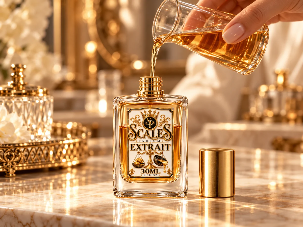 A hand pouring amber extrait into an open Scales bottle on marble, gold cap beside it