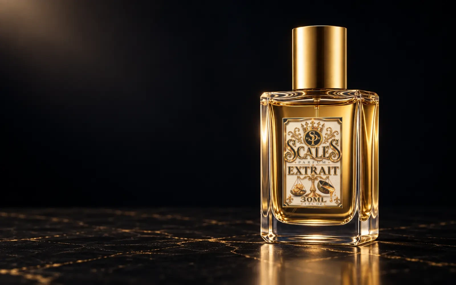 Scales Forever Bottle: clear square glass with a tall polished gold cap
